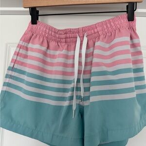 Pink & Teal Striped Men’s Drawstring Swim Shorts